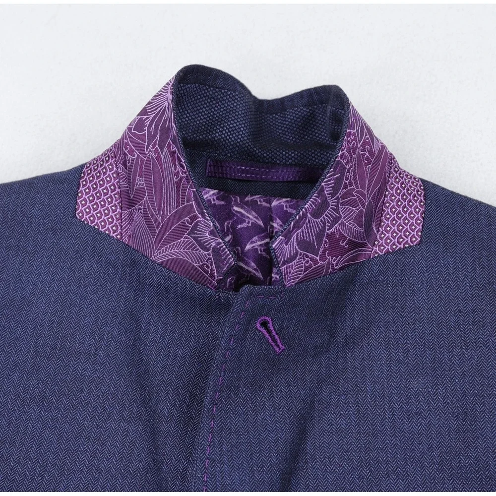 Ted Baker Blazer Sport Coat Size 3 (38) Blue Linen Cotton Purple Lining Popping